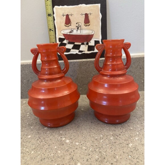 Pair Of Vintage Glass Jugs Urn Style Ribbed Globular Vases  Red 6” Tall - Picture 11 of 13